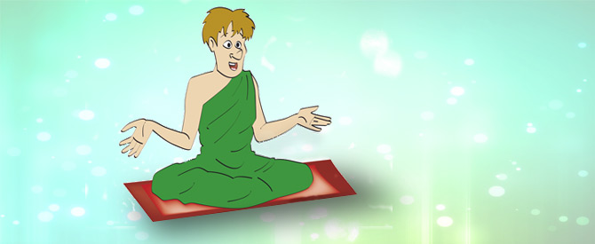 male cartoon meditator shruggng shoulders
