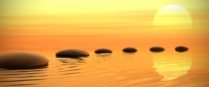 Stepping-stones-in-water-at-sunset