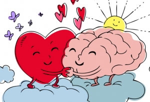 cartoon heart and brain hugging each other