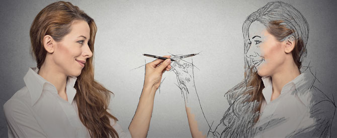 woman drawing a reflection of herself with a pen.