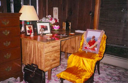 Swami Chinmayananda's room at Krishnalaya Ashram, in Piercy, California 2002. His writing desk, chair and footstool.