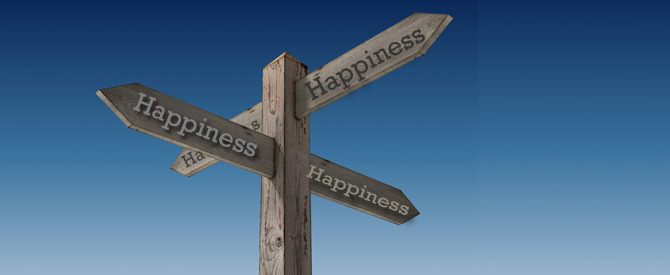 Signpost with four arrows pointing towards happiness.