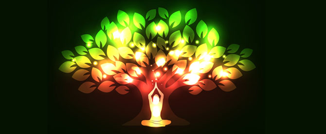 vector image of a person doing yoga under a tree on black background